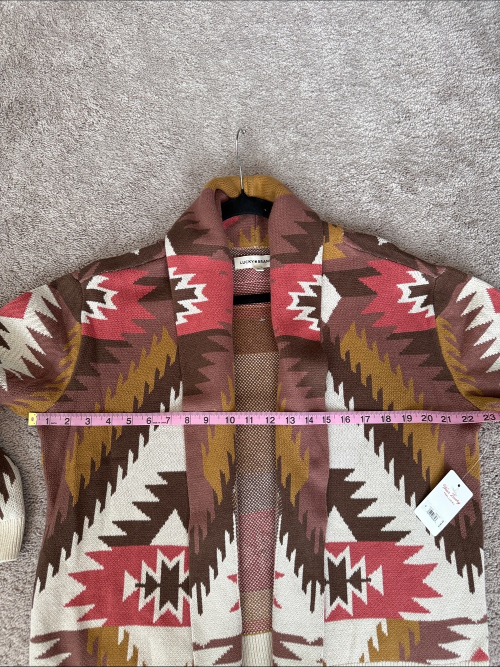 Lucky Brand Aztec Open-Front Cardigan in Pink, Brown, Rust & Cream - Picture 10 of 12